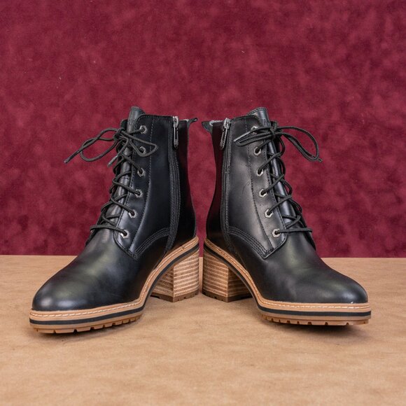 Timberland Women Sienna Black Leather Zip Lace Lug Combat Ankle Boots size 6 - Picture 2 of 8